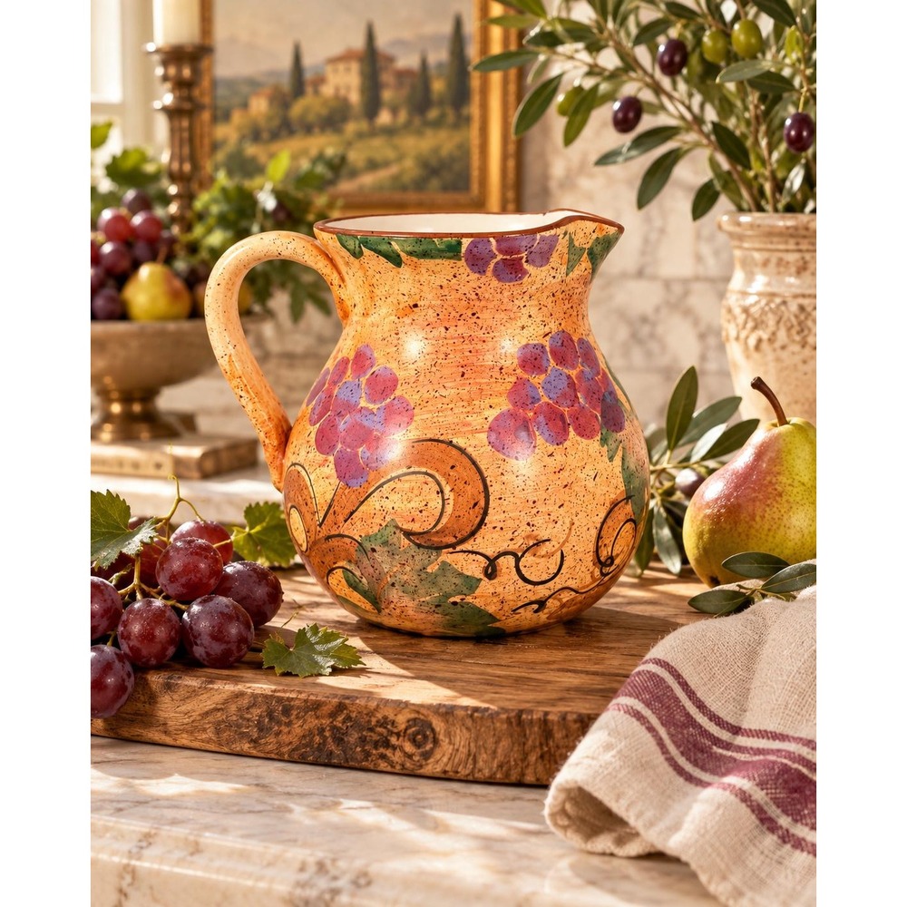 Vintage CIC Italian Ceramic Pitcher Hand Painted Grapes Tuscan Pottery Vase